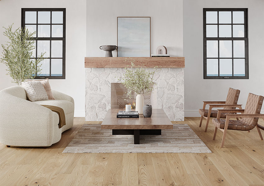 light toned hardwood flooring in Scandinavian-inspired living room